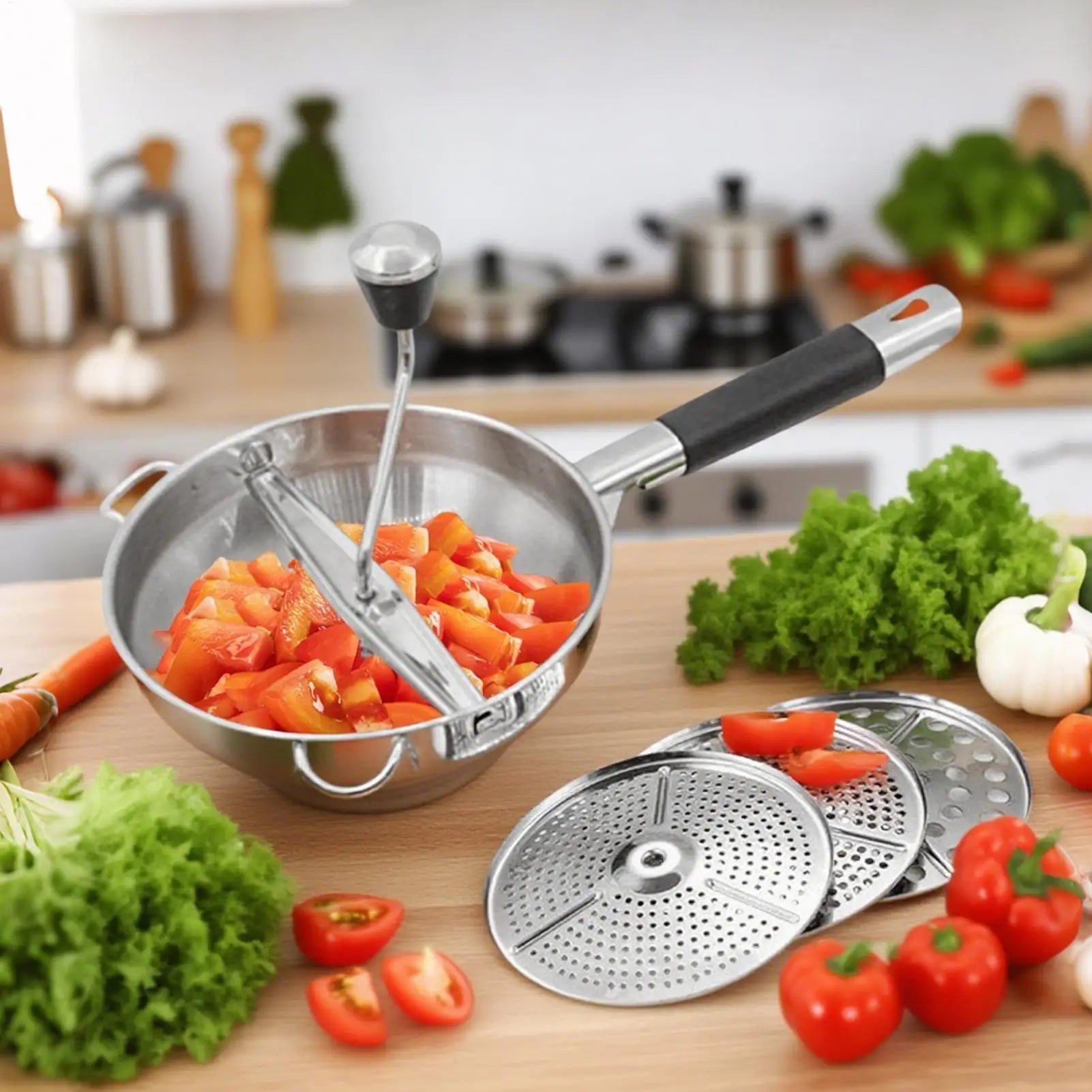 Manual potato masher food grade stainless steel potato masher multifunctional masher with 3 Replaceable Grinding Discs forTomato Oasis Select