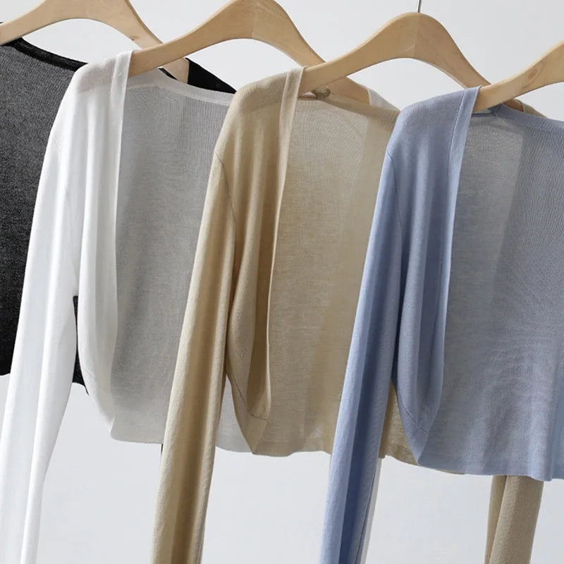 Women's Ice Silk Knit Cardigan – Open Front Crop Shrug Cover Up
