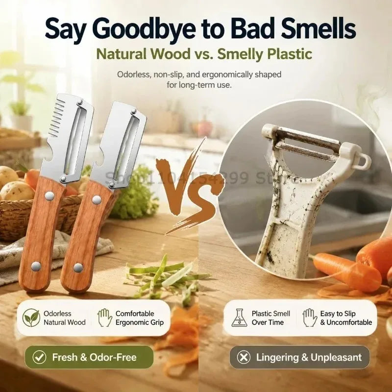 2026 New Paring Knife Ergonomic Wood Handle Knife Stainless Steel Vegetable Peeler with Wooden Handle 2-in-1 Fruit Potato Peeler Oasis Select