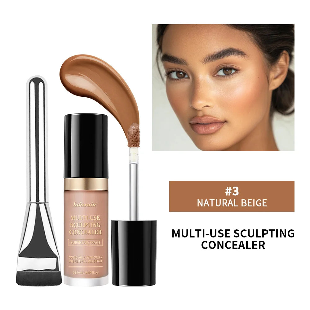 Full Coverage Concealer With Free Brush Matte Foundation Oil Control Long Lasting Face Makeup Multi-Use Highlight Retouch Cream Oasis Select 3 BEIGE Free Brush