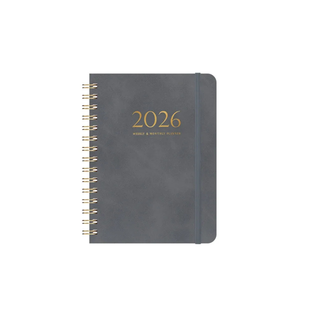 A5 2026 Weekly Monthly Planner PU Leather Cover Self-fill Coil Schedules Notebooks with Strap Calendar Daily Planner Notepad Oasis Select Grey