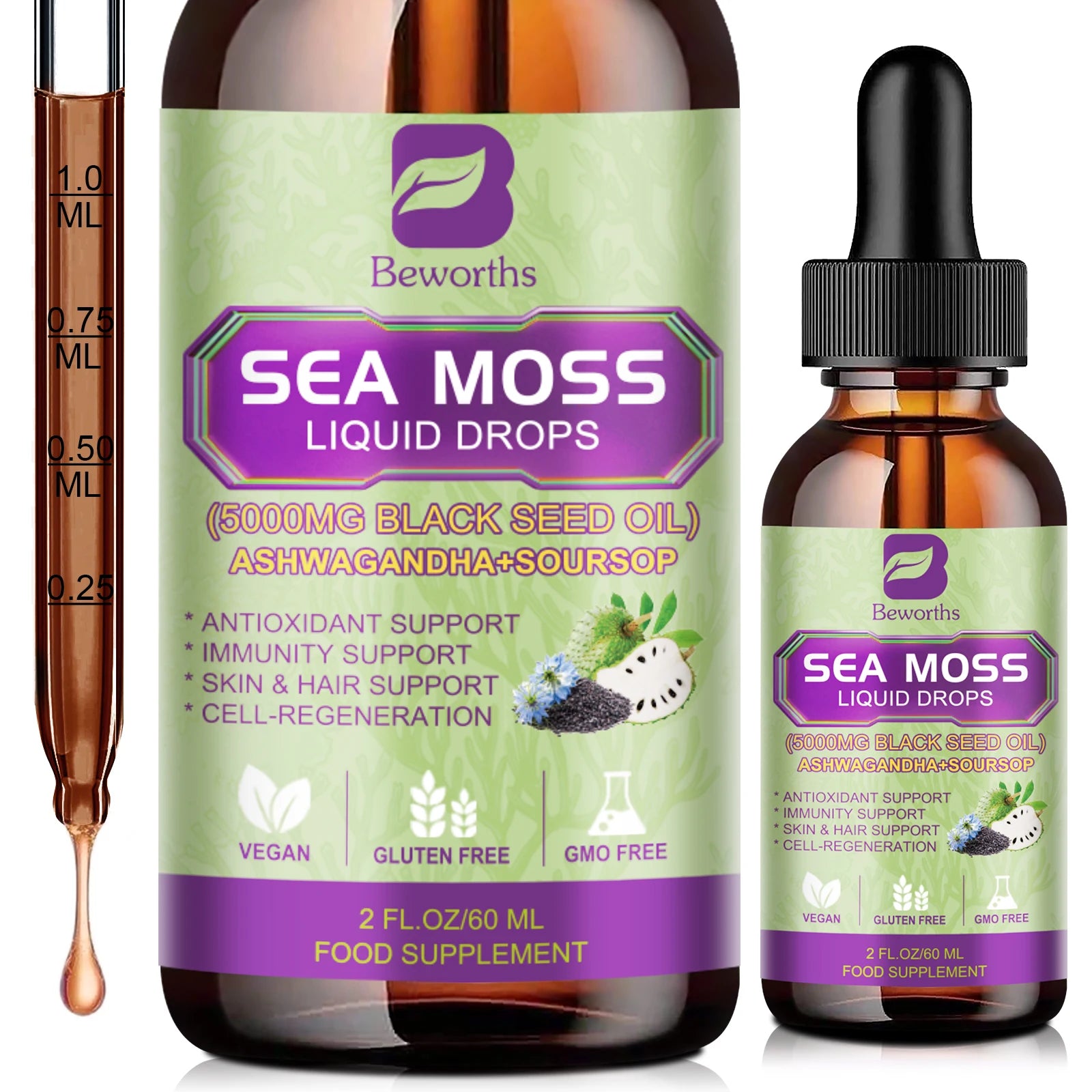 BEWORTHS 60ML Sea Moss Extract Drop Support Immunity and Kidney Health, Promote Digestion and Antioxidation Oasis Select