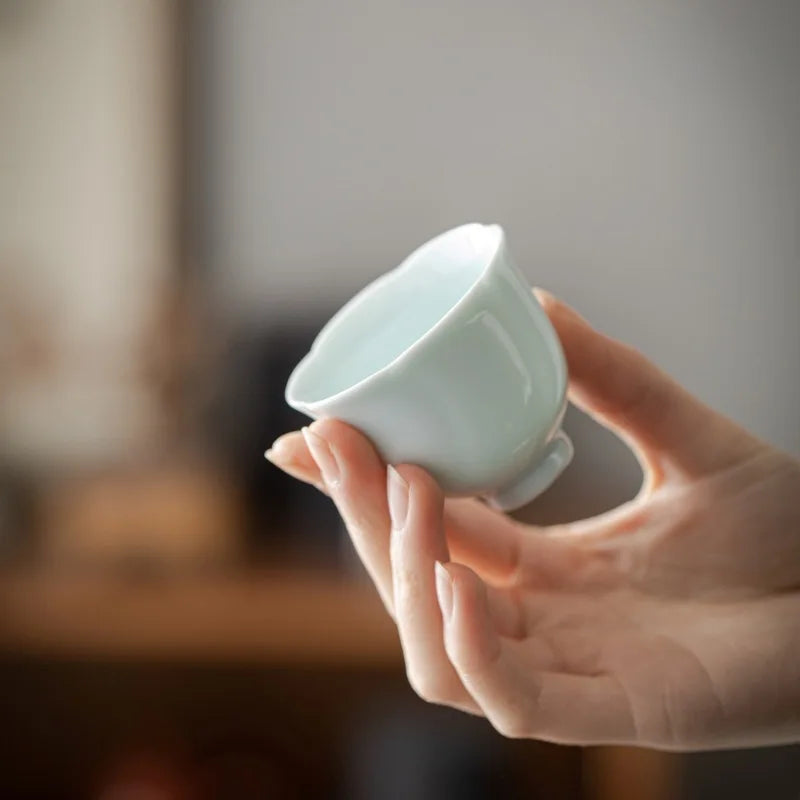 Flower Shaped Cup Ceramic Pure Color Tea Cup Tea Cup Single Cup Thin Body Household Celadon White Porcelain Tea Cup Oasis Select