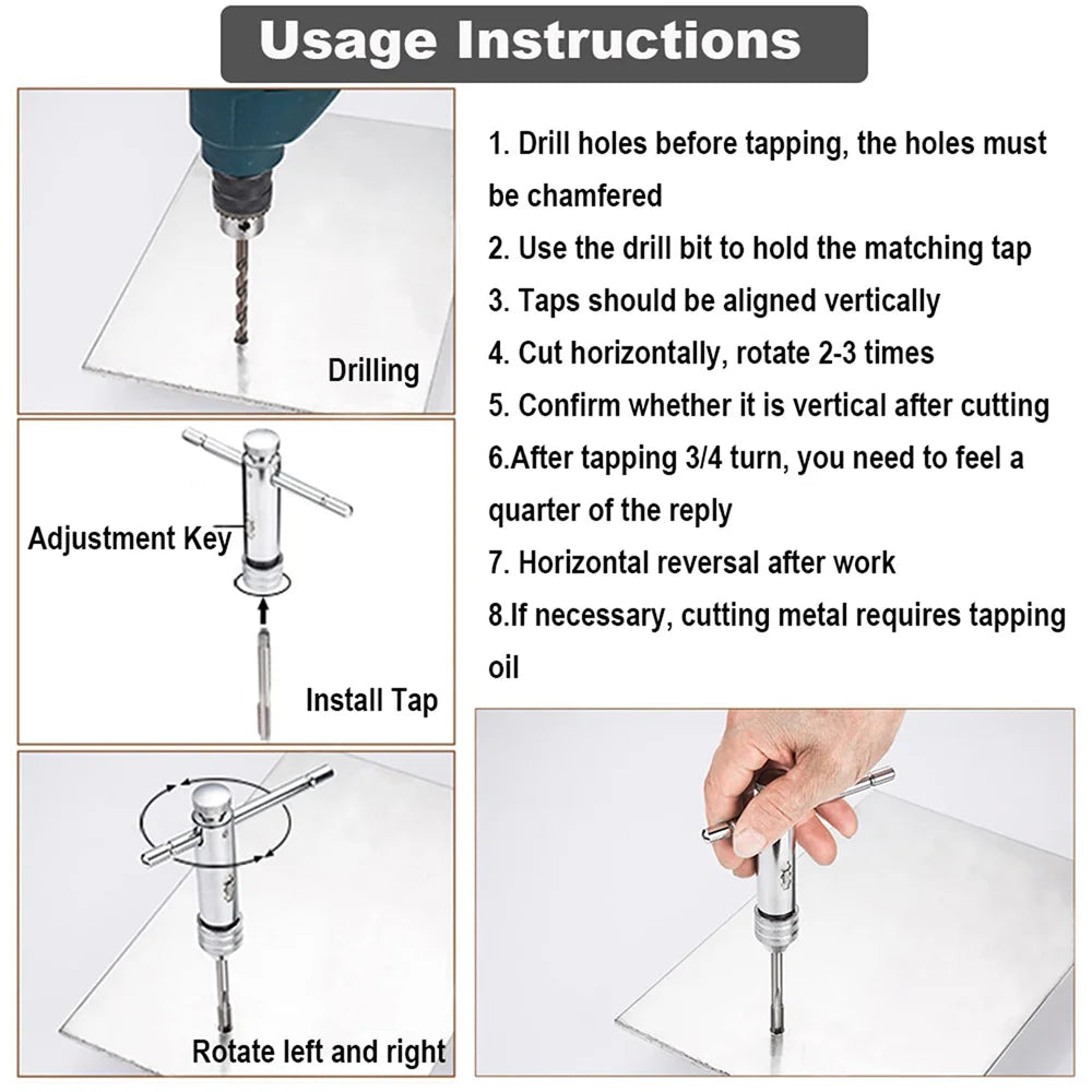 Adjustable Silver T-Handle Ratchet Tap Holder Wrench Set Hand Tools with 5pc M3-M8 Machine Screw Thread Metric Plug T-shaped Tap Oasis Select
