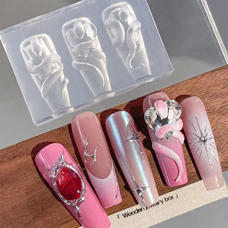 1/3Pcs 3D Nail Silicone Carving Mold Snake DIY Nail Decoration Art Nail Beauty Charm Silicone Nail Mold Nail Nails Products Oasis Select