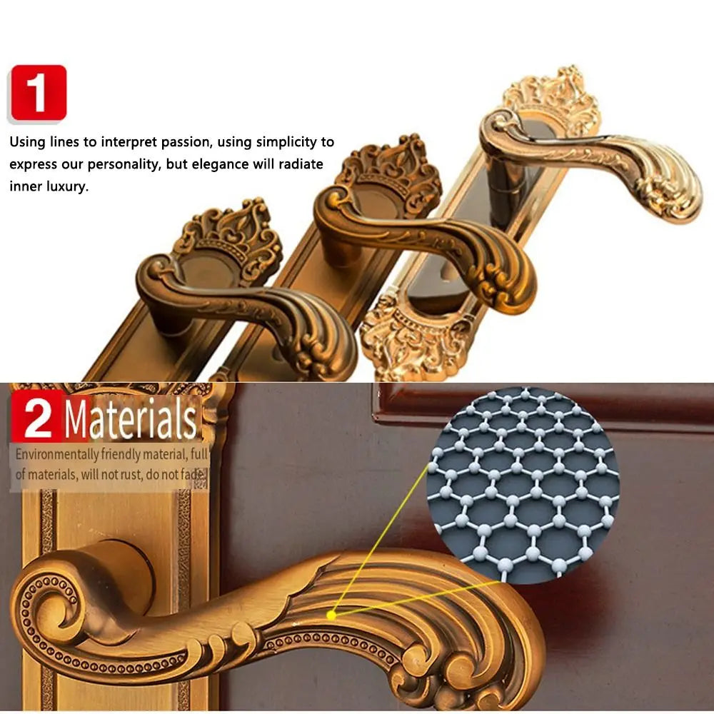 European Vintage Door Handle Lock Set with 3 Keys | Brass