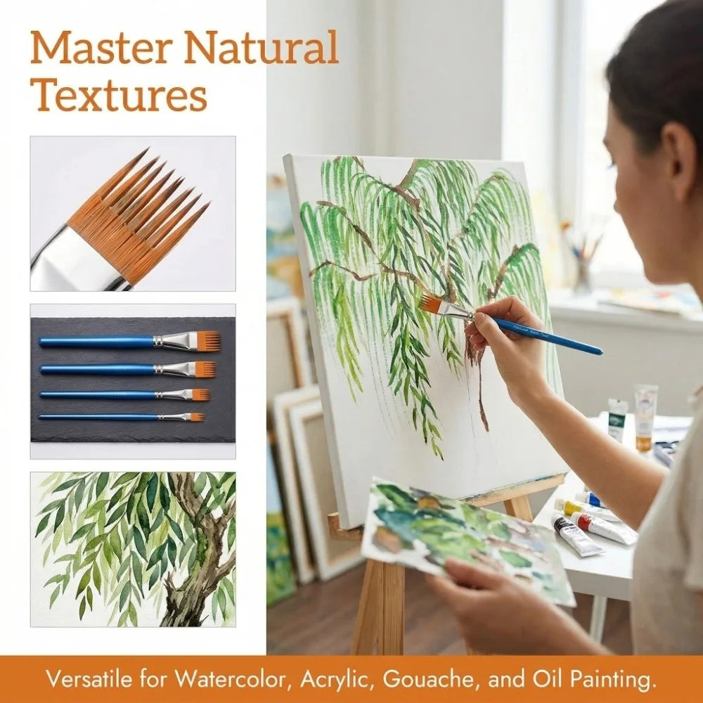 4Pcs Nylon Bristles Watercolor Brush Set Short Handle Multi-toothed comb Texture Brushes Flat Comb Wood Handle Grainer Brush Set Oasis Select