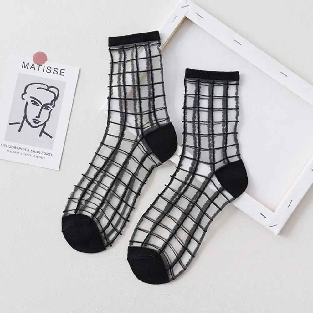 Women Ladies Socks Fashion Sheer Mesh Glass Silk Socks Ultrathin Transparent Crystal Lace Fabulous Elastic Summer Ankle Socks Oasis Select H