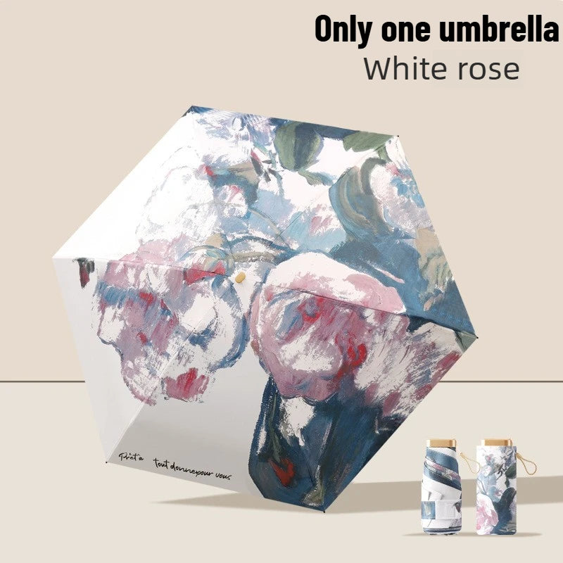 Ultra Slim 5-Fold Oil Painting Umbrella Chinese Style Portable Black Glue UV Protection Sun & Rain Dual Use Manual Parasol Oasis Select White rose iron 6K