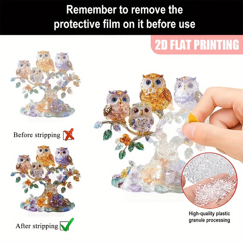 Flat Acrylic Ornament Cute Crystal Owls Desktop Decoration for Home Office Present Oasis Select