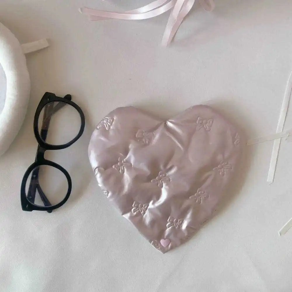 Glasses Pouch Bow Embossed Heart Pink PU Leather With Patterns Heart Shaped Eyewear Storage Case Bow Pouch Eyewear Accessory Oasis Select