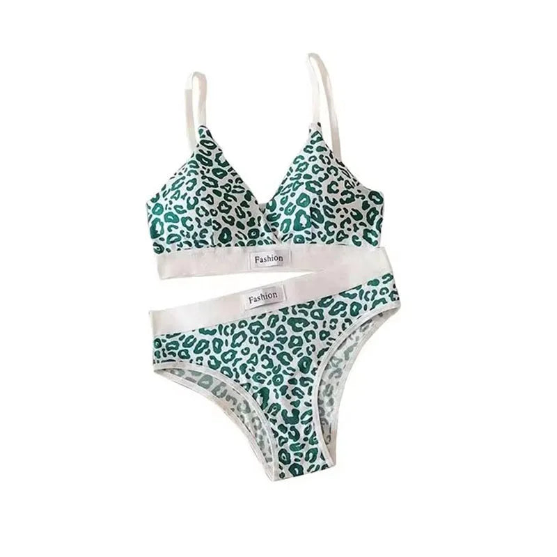1-4pcs Summer Set New Women's Leopard Print Traceless and Steel Rim Bra Adjustable Shoulder Strap Back Women's Underwear Set Oasis Select Green 1 set One Size