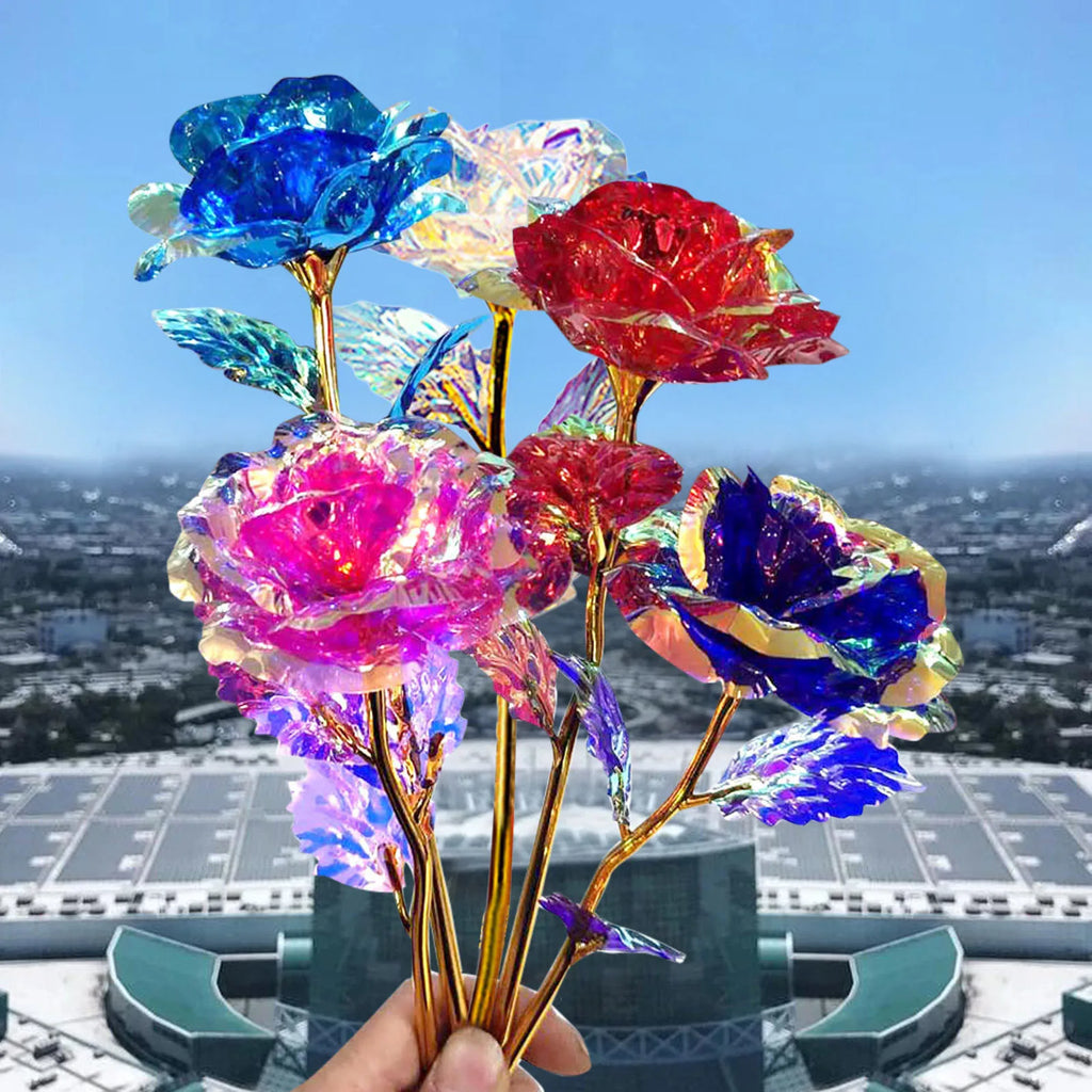 5pcs Colorful Luminous Rose Artificial Led Light Flower Gold Foil Rose Rainbow Simulation Bouquet Without Gift Colgifts For Girl Oasis Select A