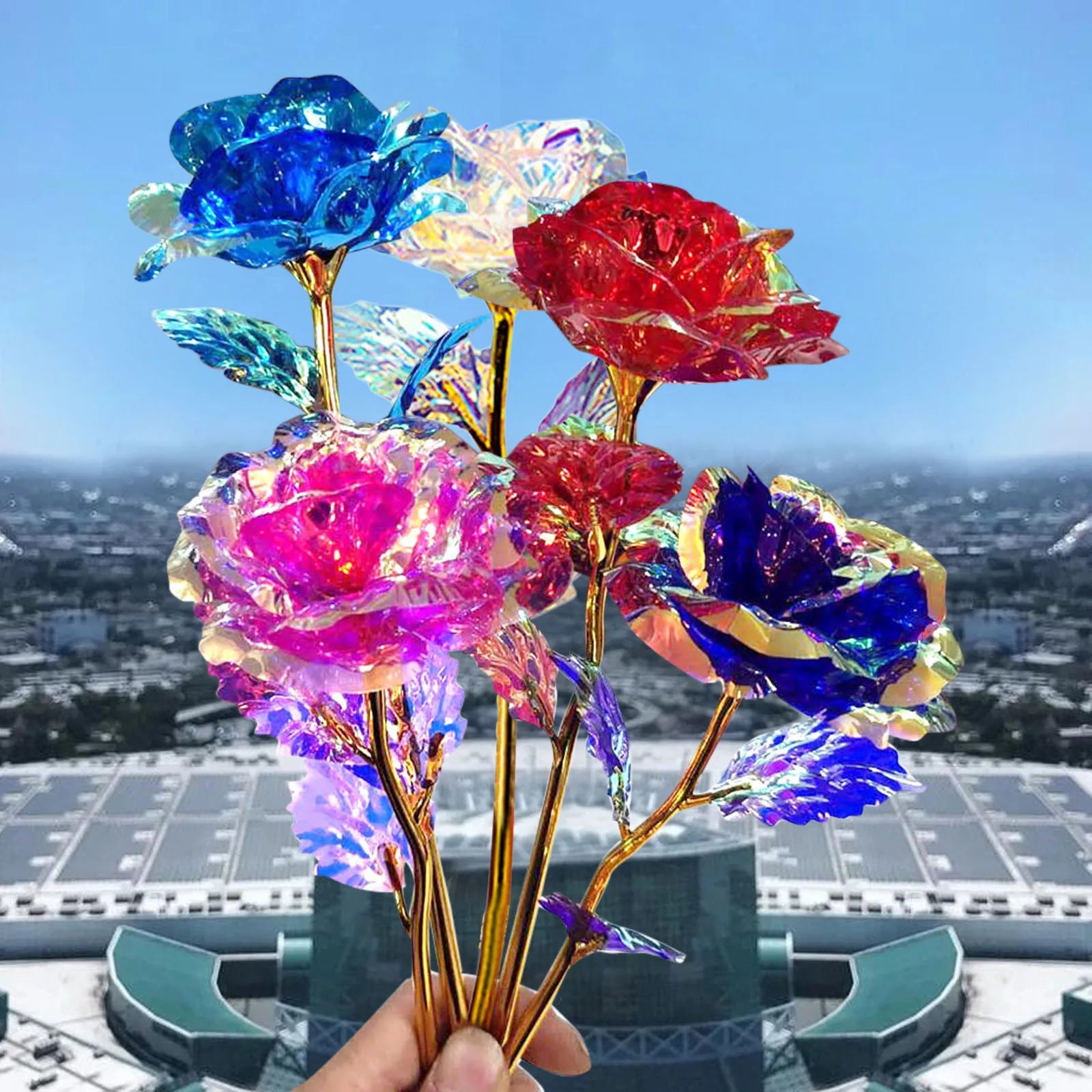 5pcs Colorful Luminous Rose Artificial Led Light Flower Gold Foil Rose Rainbow Simulation Bouquet Without Gift Colgifts For Girl Oasis Select A