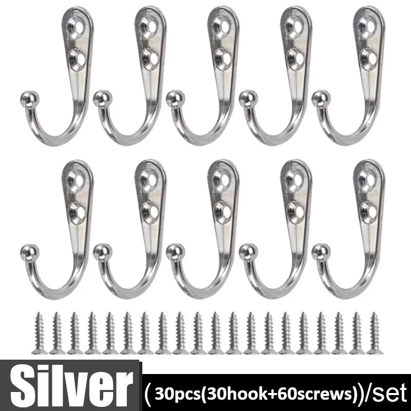 30pcs/set Heavy Duty Metal Wall Hooks with Screws, Garage Garden Storage Hanger for Tools Coats, Wall Mounted Alloy Hook,Gancho Oasis Select 30 set Silver