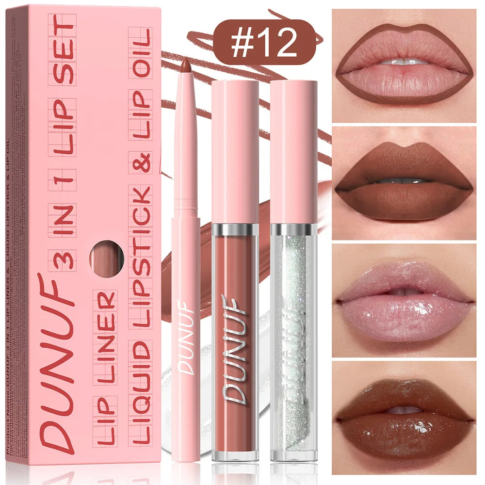 DUNUF 3-Pc Matte Lipstick Set – Lip Liner, Gloss & Oil Kit