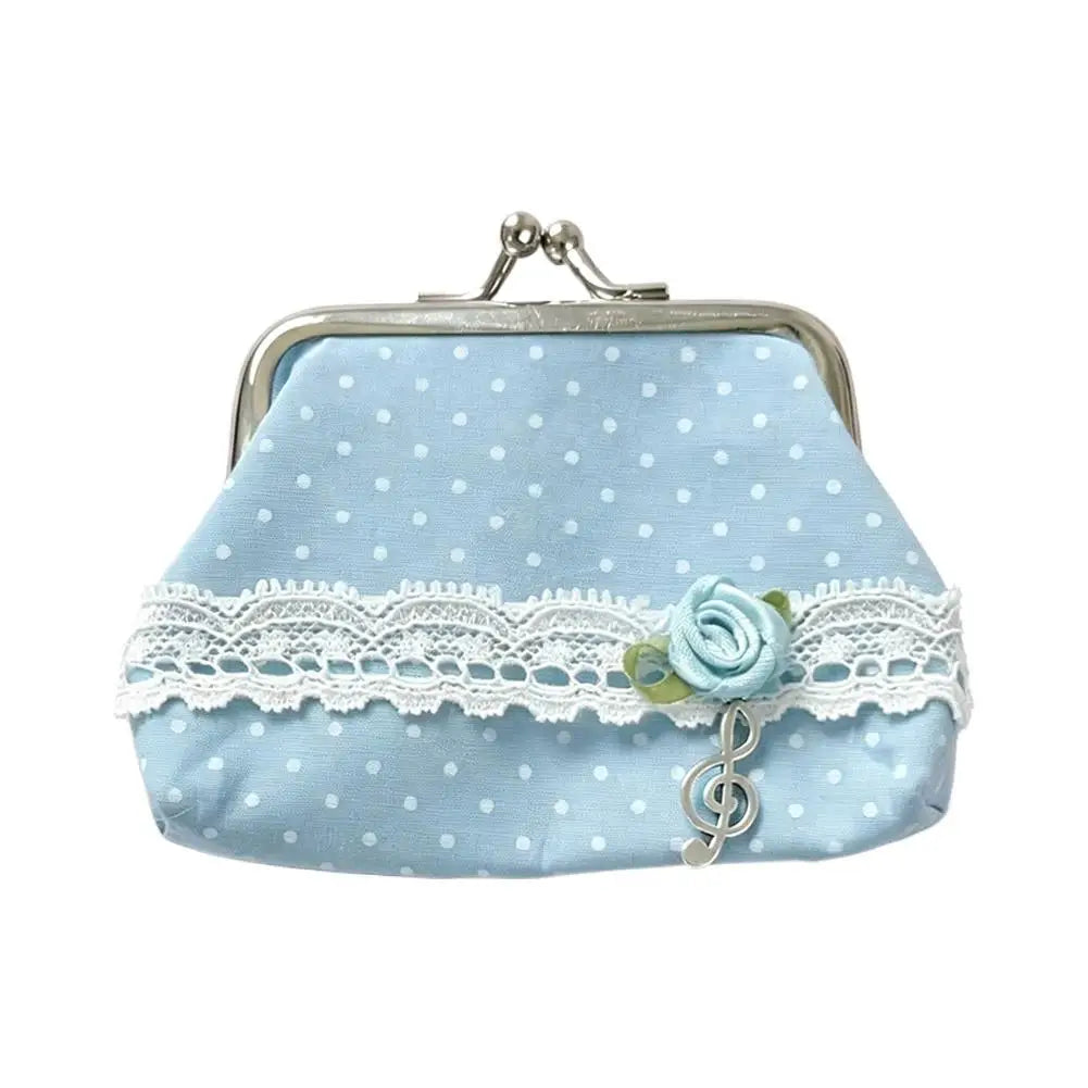Retro Mini Pouch Polka Dot Coin Bag Women's Small Wallet Lace Decor Music Note Pendant Portable Storage Organizer Oasis Select Blue