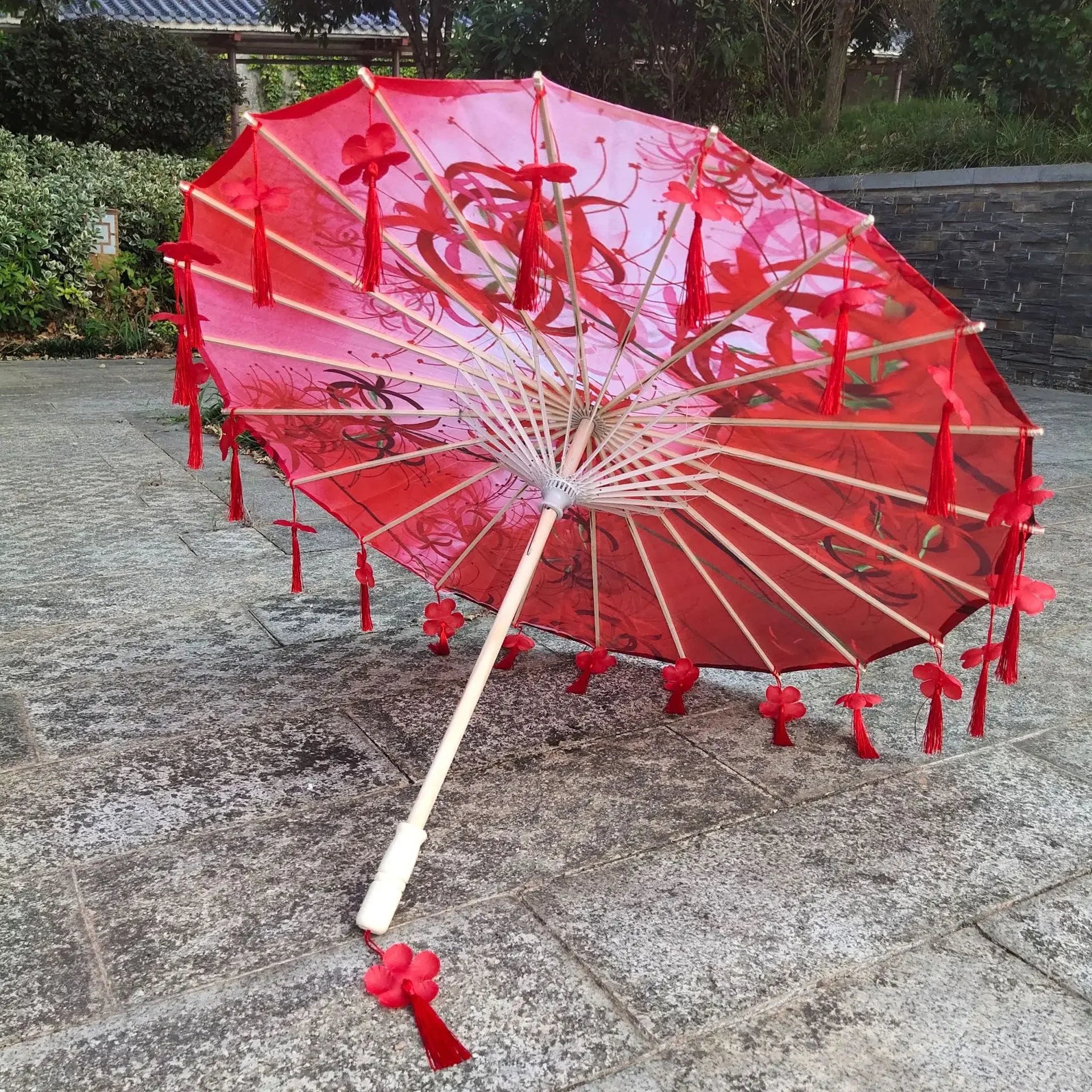 Antique Hanfu Fringe Umbrella Performance Photo Props Dance Silk Umbrella Craft Ancient Point Oiled Paper Umbrella Oasis Select Solid Wood 6 16K