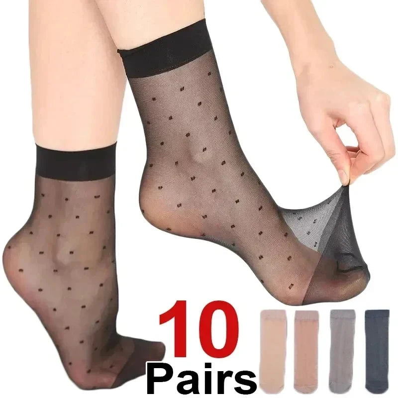10/20/30pairs Cool Breathable Summer Sexy Black Skin Dot Sock Solid Color Dot Socks Women Girls High Stretch Mesh Nylon Sock Oasis Select