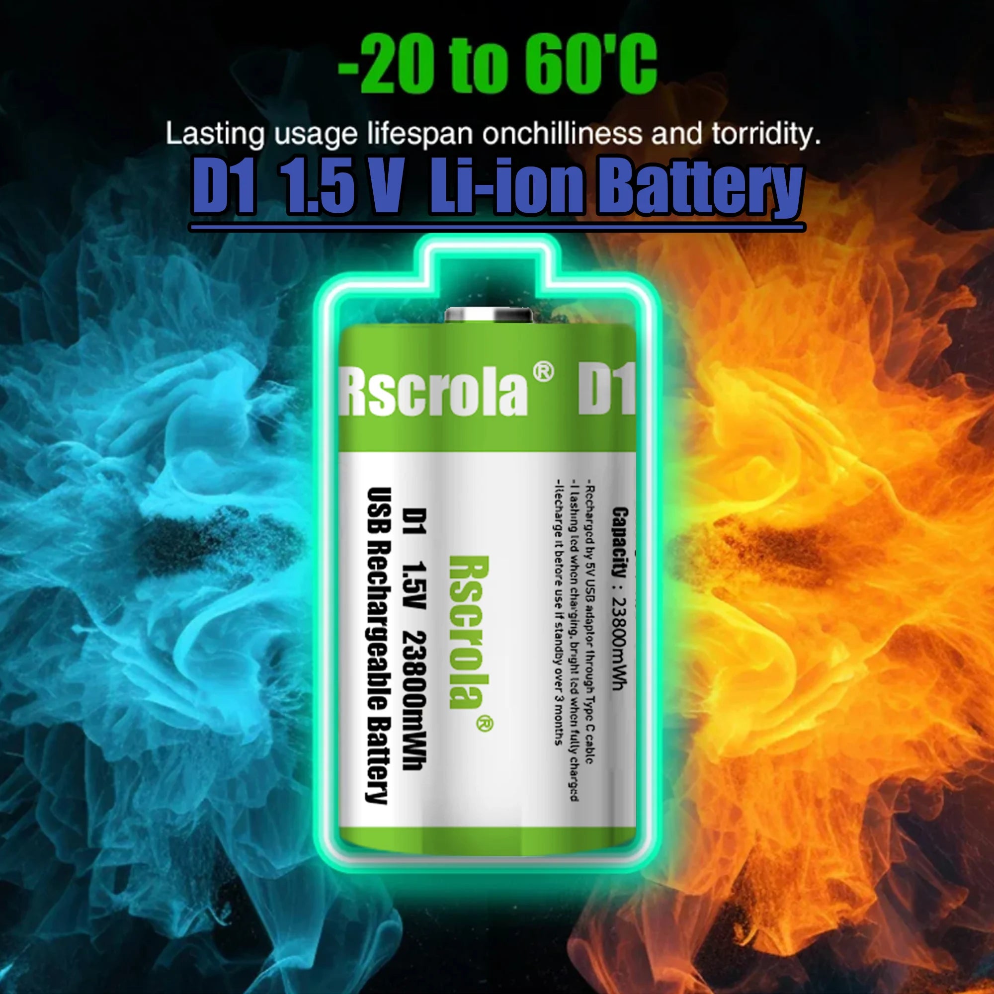 1.5V 23800mWh USB Rechargeable D Size Battery LR20 D Cell Lithium Battery for Gas Cooker Water Heater Flashlight Radios Oasis Select