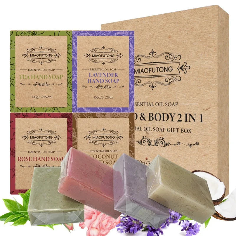 4pcs Plant Matte Pellet Soap Coconut Oil Lavender Rose Essential Oil Wash Face Wash Hand Soap Set Box Holiday Gift, Christmas Oasis Select MULTI 400g