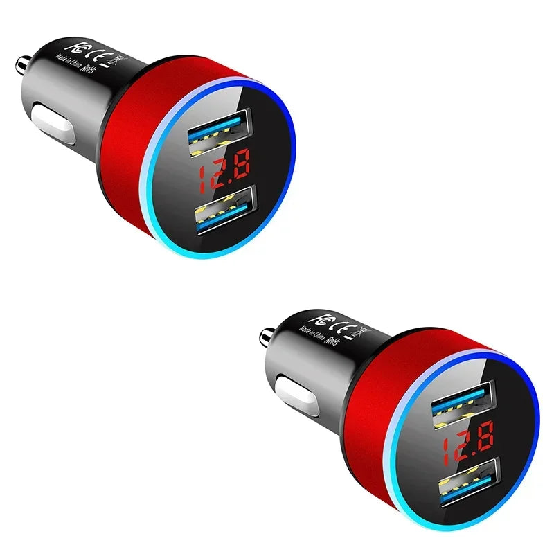 1/2pcs Car Charger For Cigarette Lighter Smart Phone USB Adapter Mobile Phone Charger Dual USB Digital Display Voltmeter Oasis Select Red 2pcs