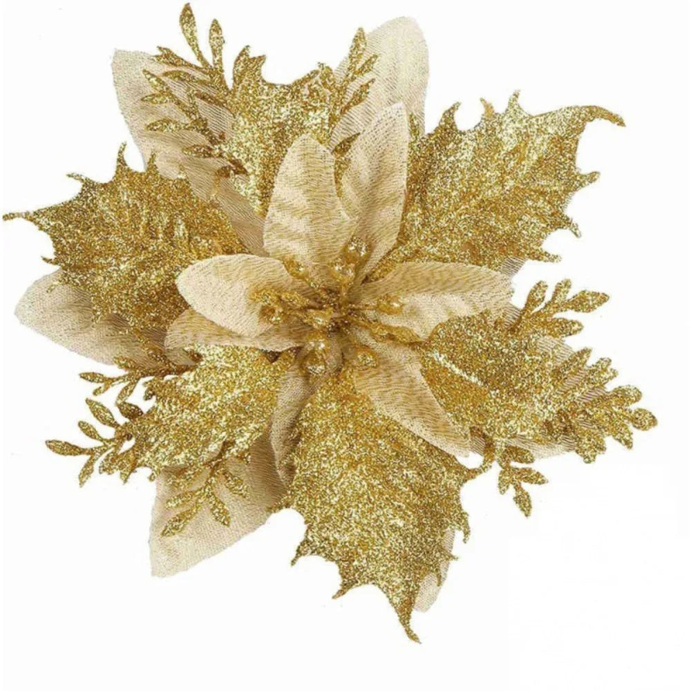 10-Pack Glitter Christmas Flower Ornaments 14cm | Pink Gold Red