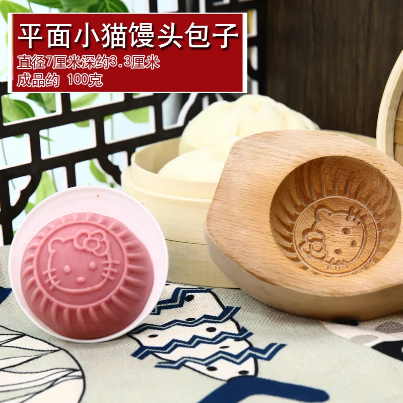 Kitchen Handmade Noodle Steamed Buns Pattern Steamed Bread Mold Baking Wooden Pasta Large, Medium and Small Cage Printing Tool Oasis Select Flat buns kitten