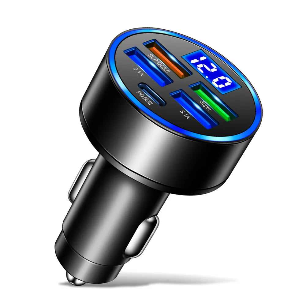 PD QC30 Car Charger 5 Ports Fast Charge USB C 250W LED Phone Charger Type C Adapter for Iphone Samsung Huawei Xiaomi Oasis Select black