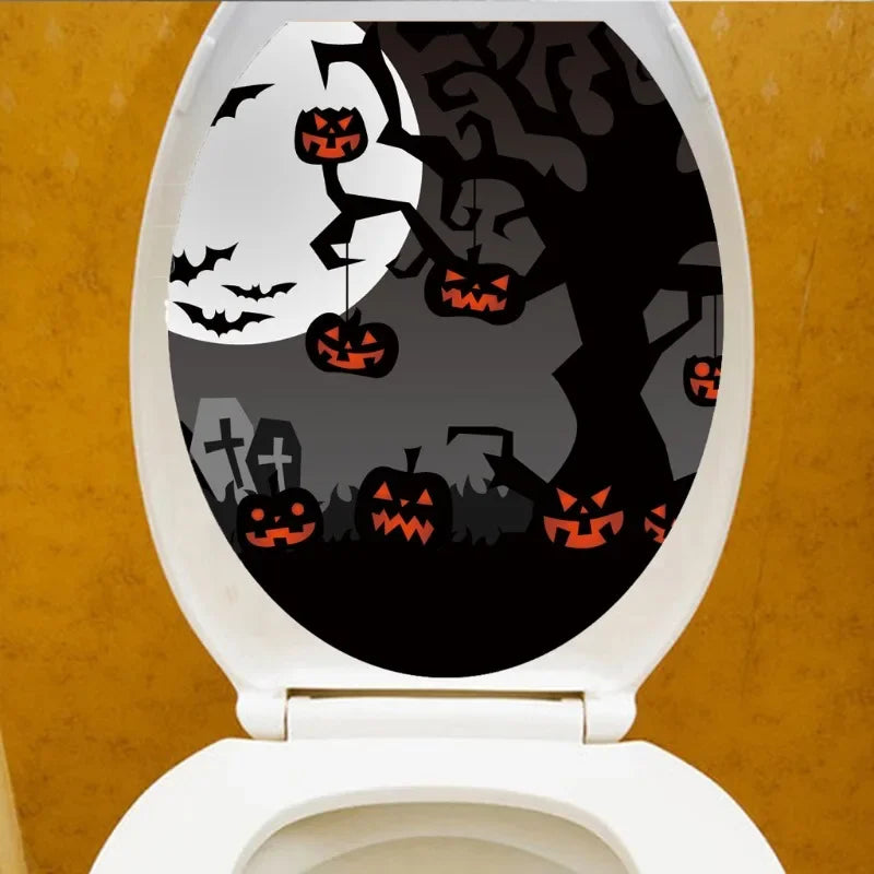 Halloween Toilet Lid Sticker Scary Pumpkin Haunted House Bathroom Decoration Wall Decals Poster Party Decoration Self Adhesive Oasis Select