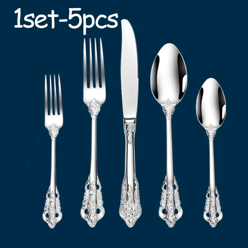 Stainless Steel Dinnerware Sets High-grade Knife Fork And Spoons Cutlery Kits Gold Plated Floral Pattern Tableware Dropship Oasis Select 1set silver