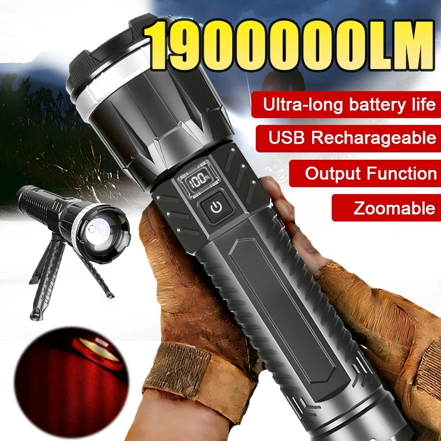 1900000LM Ultra Bright Flashlight With Powerful Rechargeable Zoom Torch And 8-mode Long-range Spotlight With Shoulder Strap Oasis Select