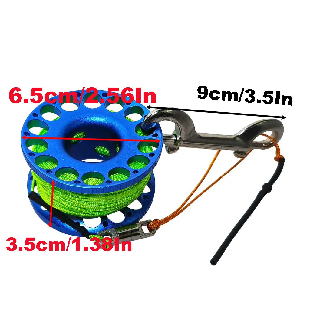 30M Aluminum Alloy Scuba Diving Spool Finger Reel with Stainless Steel double ended hook Cave Tech Wreck Diving Finger Reel Oasis Select