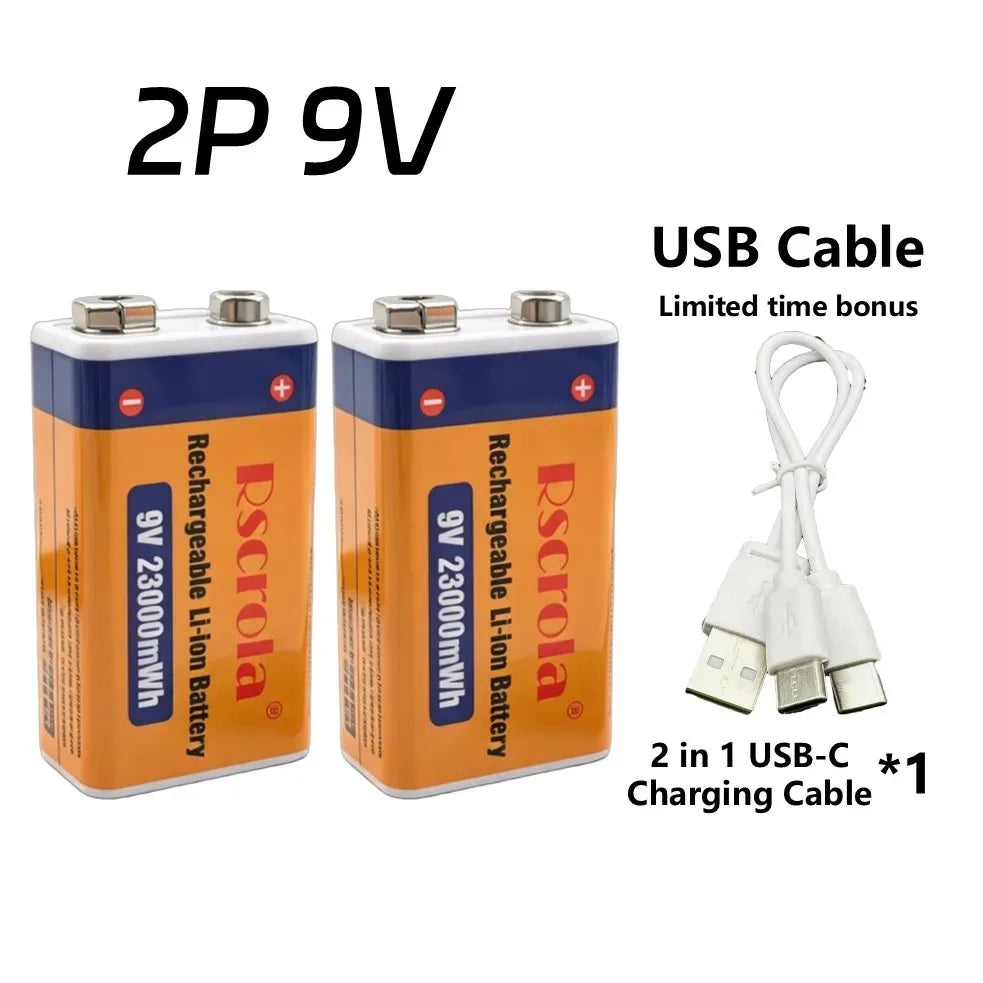 Rscrola 9V USB-C Rechargeable Battery 23600mWh Li-ion Constant Voltage for Guitar Pedal Smoke Detector Multimeter, Long Life Wit Oasis Select 2 PCS Battery 9v