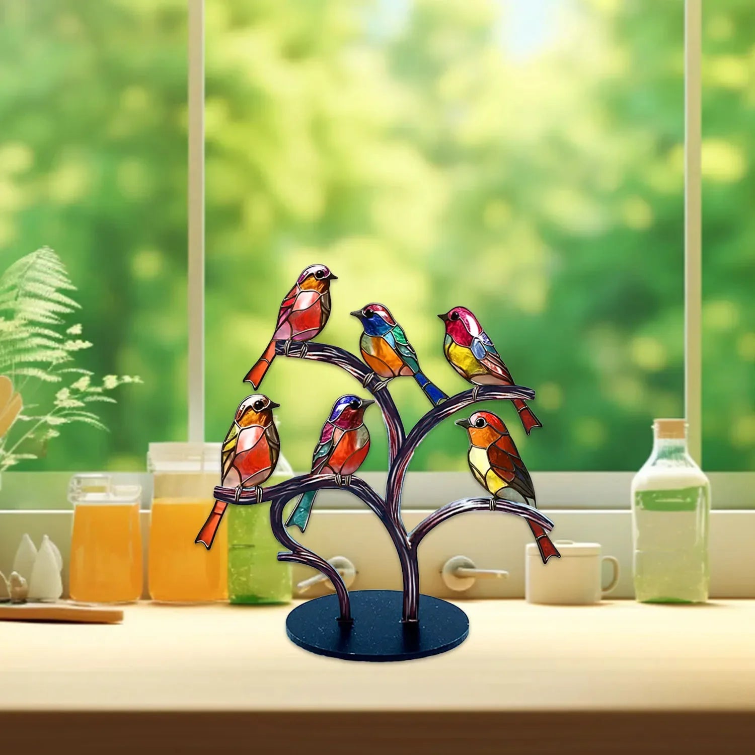 Multicolor Birds Stained Acrylic Birds on Branch Desktop Ornaments Double Sided Multicolor Style Craft Statue Ornaments Oasis Select 6bird