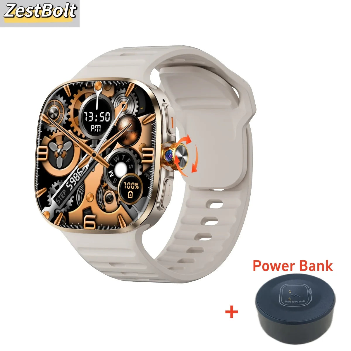 M99 Smart Watch 5G LTE Android Smartwatch With Sim Card Slot Rotary Camera GPS WIFI Compass 256GB Storage 2.4inch Amoled Screen Oasis Select Silver Power Bank 4GB 64GB