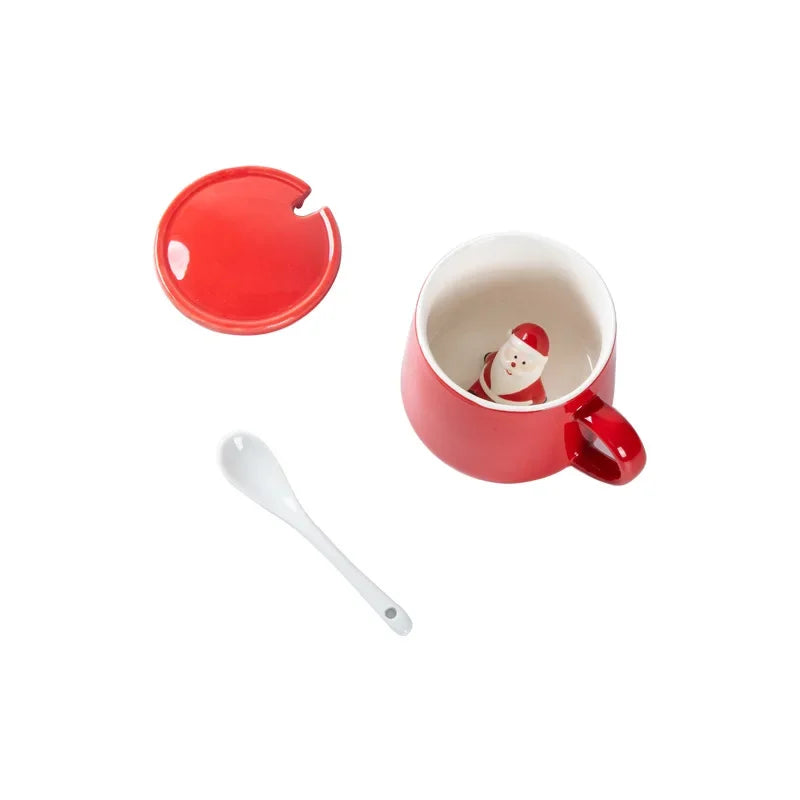 Ceramic Water Cup Santa Claus Snowman Red Festive Mug with Lid Spoon Christmas Tree Reindeer Cup Christmas Gift Oasis Select