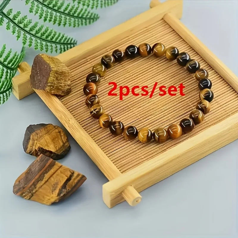 Tiger Eye Lucky Bracelet Set of 2 8Mm Bracelet Attracts Wealth and Prosperity Suitable for Everyday Wear and Special Occasions Oasis Select