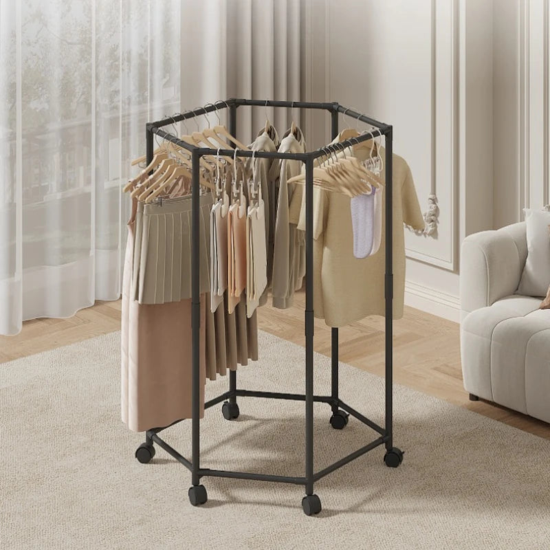 Hexagon Rotating Floor Clothes Rack Dormitory Coat Hanger Stand Indoor Drying Rack Movable Garment Organizer Hat Stand Oasis Select