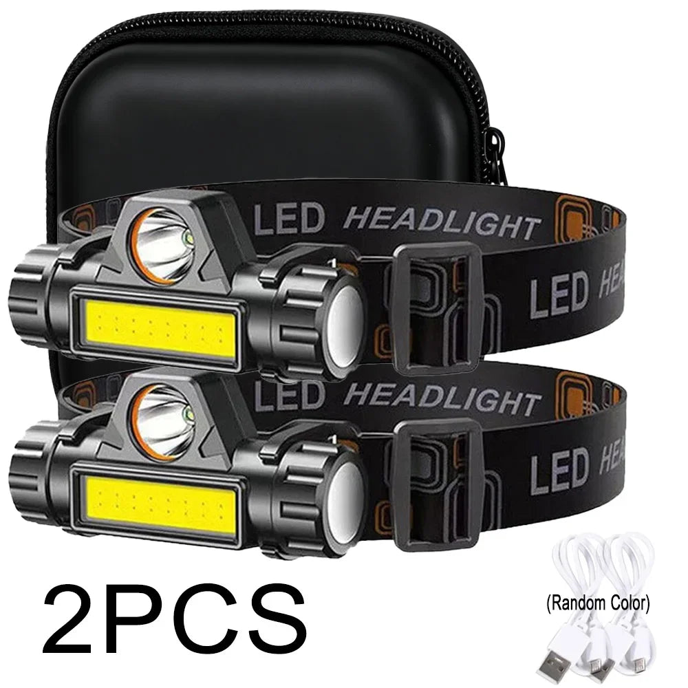 Super Bright LED Headlamp USB Rechargeable XPE+COB Head Flashlight Waterproof with Tail Magnet Dual Light Sources Camping Lamp Oasis Select 2PCS with Bag