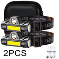 Super Bright LED Headlamp USB Rechargeable XPE+COB Head Flashlight Waterproof with Tail Magnet Dual Light Sources Camping Lamp Oasis Select 2PCS with Bag