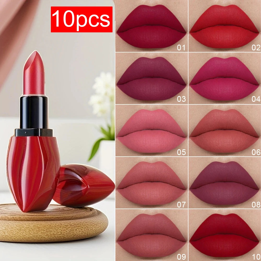 Matte Lipstick Velvet Lip Gloss 10pcs/set: Long-lasting Waterproof Plumping Multi-use Bright Red Tomato Red Y2K Valentine's Da Oasis Select 10 PCS ( 01-10 ) 35g