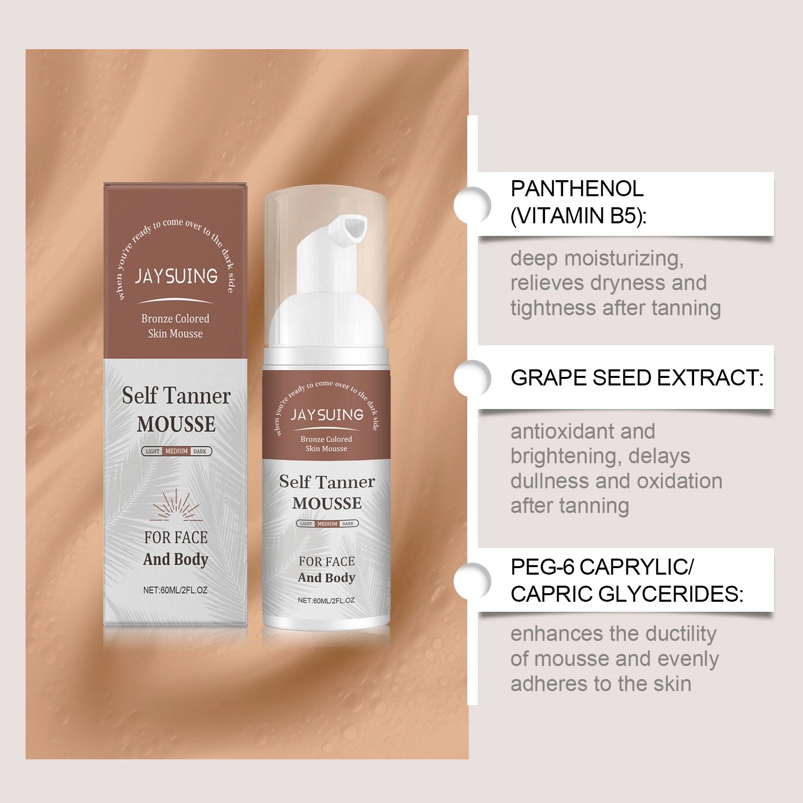 Jaysuing Self Tanner Mousse – Sunless Tanning Foam 60ml Self Tanning Mousse Oasis Select
