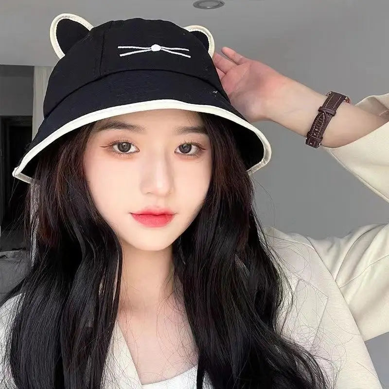 Cat Ear Bucket Hat Women Sunhat uv차단 шляпа женская от солнца Gorros para el sol de mujer Wide Brim Cap Oasis Select one size Black