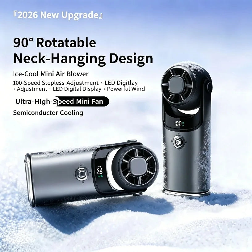 2026 Mini Ice Cooling Handheld Fan Semiconductor Turbo 100 Speed 3600mAh Rechargeable LED Display Portable Aluminum Neck Desktop Oasis Select