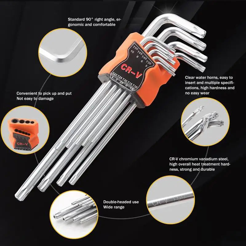 9Pcs Torx Star Wrench Set Allen Keys Hexagon Spanner Dual End L Type Star Screwdriver Hand Repair Tools For DIY Home Repair Oasis Select