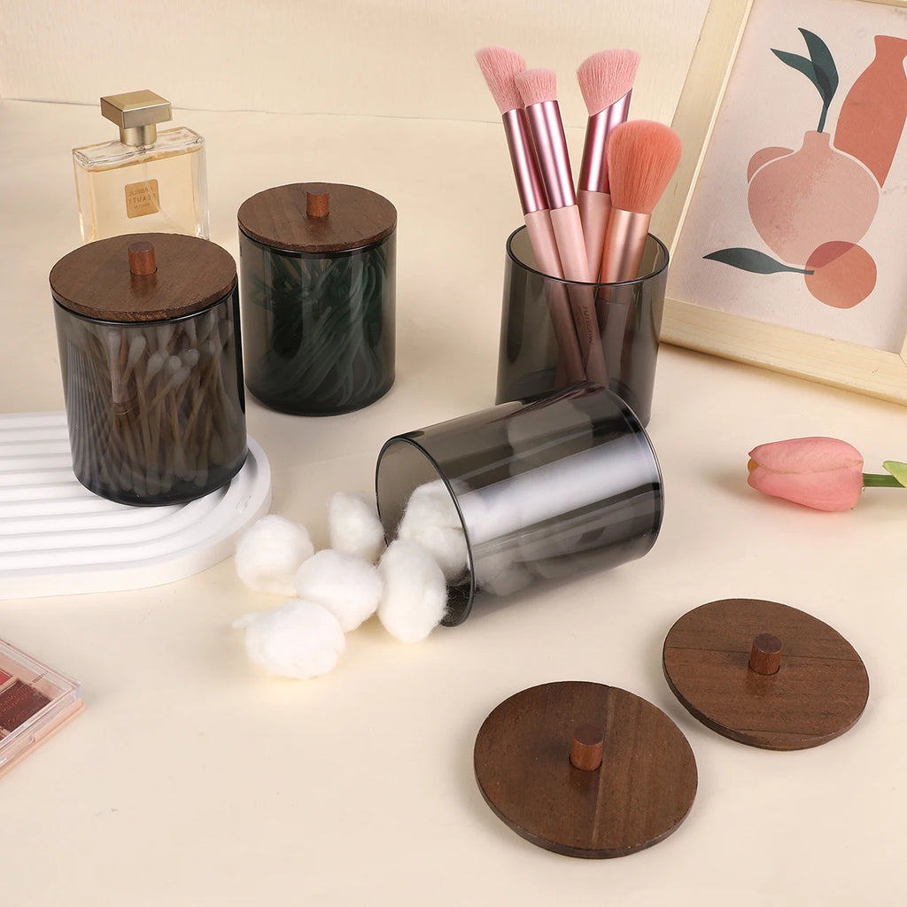 4 Piece/Set Cotton Swab Holder, Black Cups with Walnut Stained Wood Lids Pill Jar Containers, Cotton Swabs, Dental Floss Oasis Select