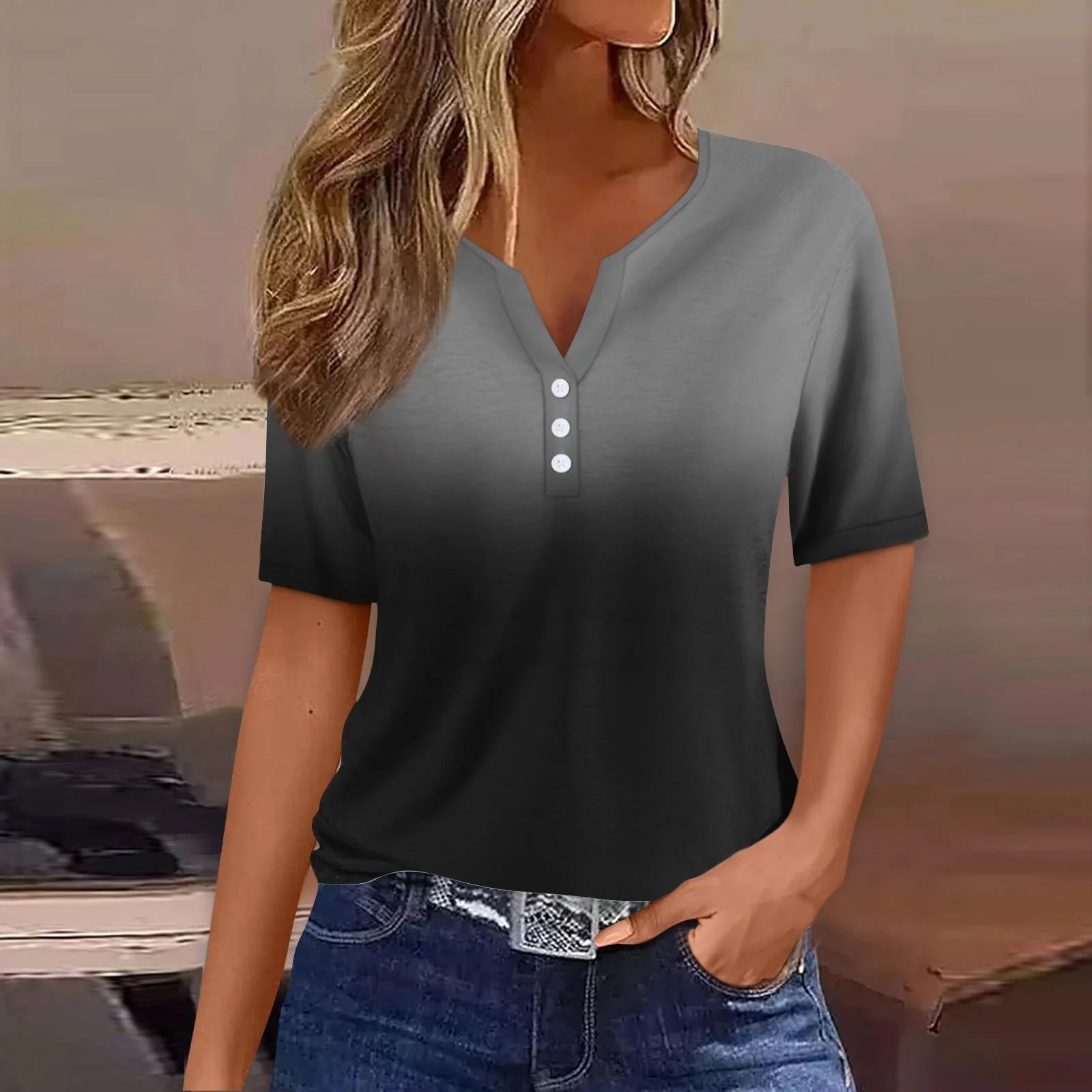 Women Summer Trendy Simple Casual Fashion Button T Shirt V Neck Short Sleeve Solid Loose Pullover Tops Plus Size Ropa De Mujer Oasis Select Dark Gray S