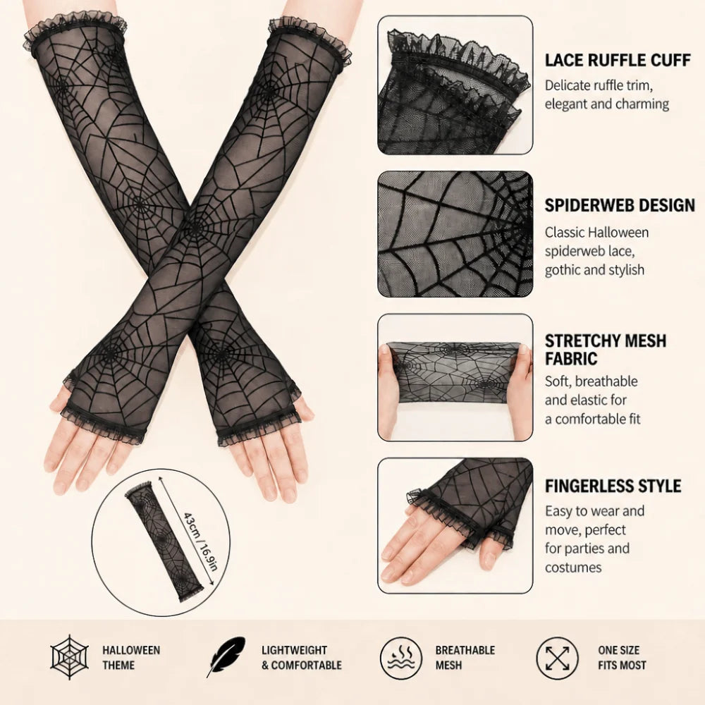 Fashion Spider Web Lace Fingerless Gloves Half Finger Mesh Mittens Lace Long Arm Sleeves Ruched False Cuffs Cosplay Party Oasis Select