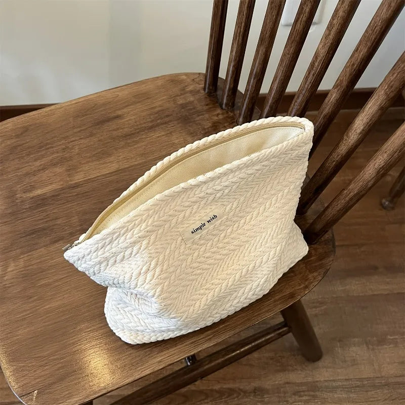 Rice Grain Pattern Woven Fabric Handbag, Women'S Travel Cosmetic Storage Organizer, Makeup Pouch, Zipper Closure, Toiletry Bag Oasis Select Beige